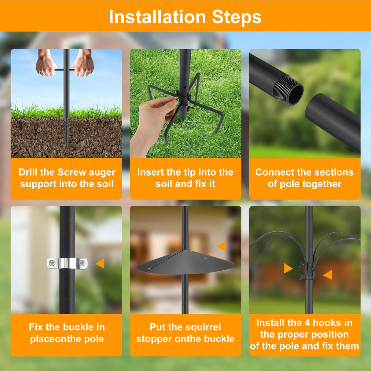 92 Inch Smart Bird Feeder Pole with Auger Anchor for Outdoor,Heavy Duty Adjustable Bird House Stand Pole,BirdHouse Post Mount Kit, Metal Squirrel Proof Baffle, 4 Shepherd Hooks (No Bird House/Feeders) SLIIMU