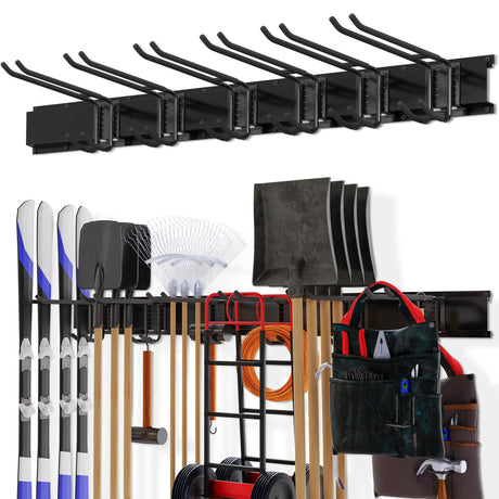 Garage Organization, Garage Tool Organizer Wall Mount with 48 inches Rails and 6 Double-layer Hooks, Tool Organizer Rack Garage Hanging Storage Rack For Yard Tools, Shovel, Chair, Snowborad Madertool