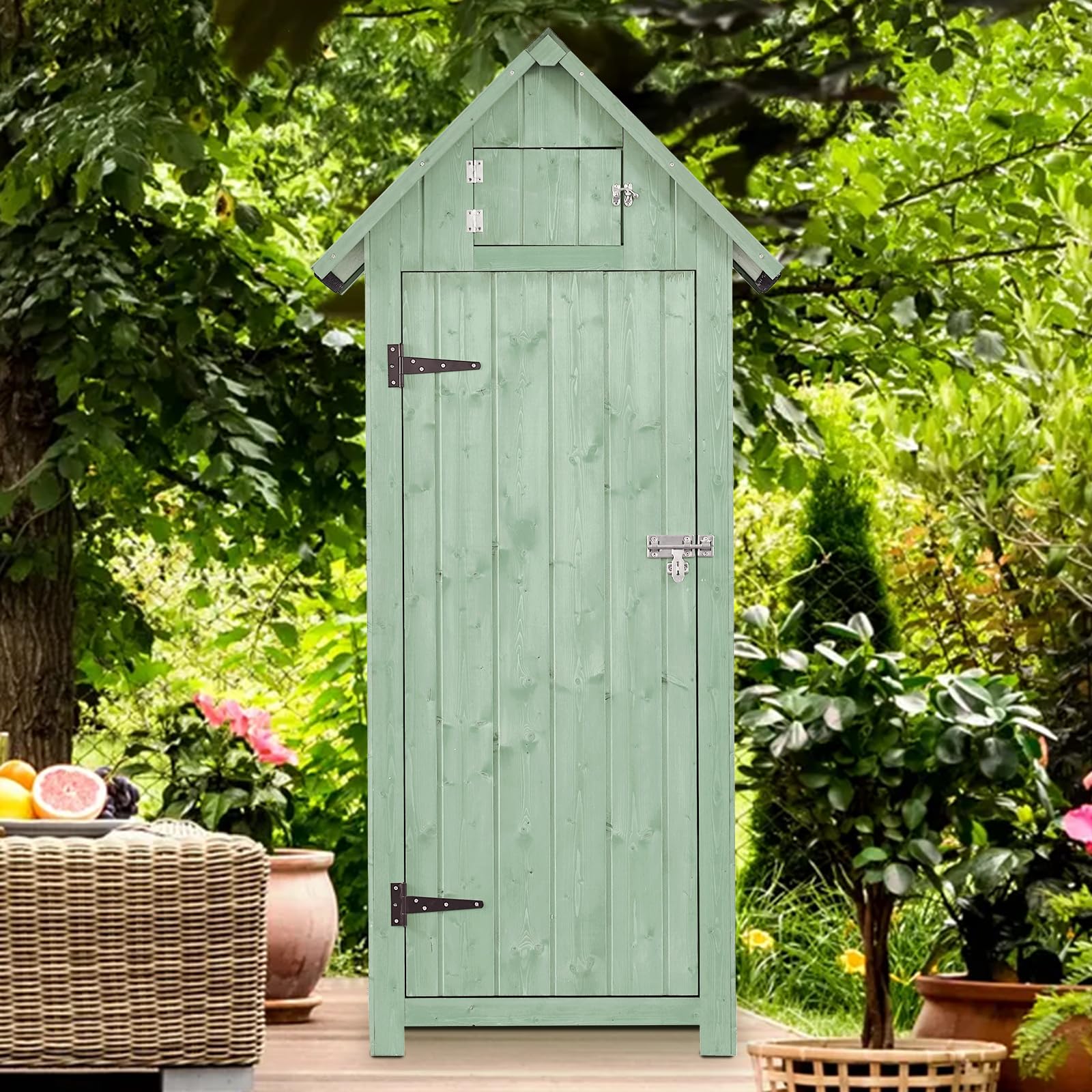 Shed Outdoor Storage Cabinet, Wood Garden Sheds with Floor, Outside Tool Outhouse Organizer with Waterproof Roof, Shelves and Lockable Door for Patio Hallway and Backyard (Green) - WoodArtSupply