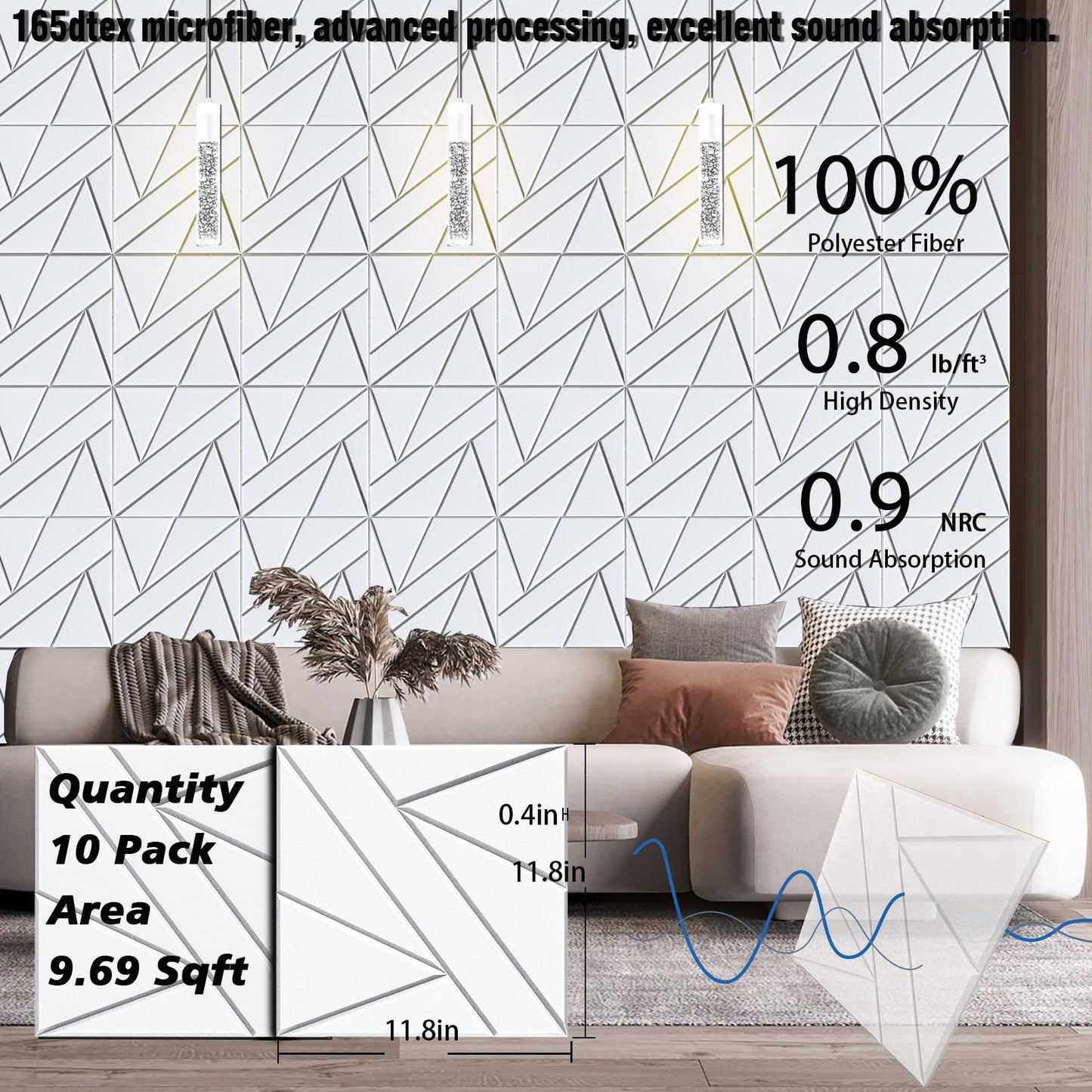 【10 Pack】Acoustic Panels Self-Adhesive (0.4" Thick | 0.8lb/ft³ Medium Density) - 12x12 Soundproof Foam Tiles for Home Office/Wall Sound Absorption, Noise Reduction Panels Studio Use - White