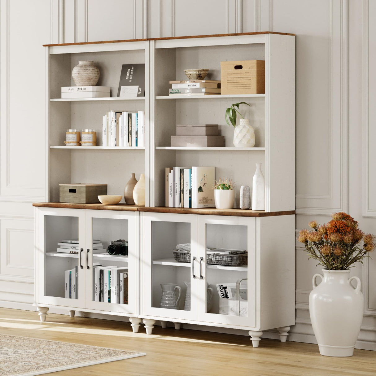 WAMPAT 72'' Tall Kitchen Pantry Cabinet with Storage, Farmhouse Glass Doors Pantry Storage with Bar Hutch and 5 Tier Shelve for Kitchen & Living Room & Bedroom, White WAMPAT