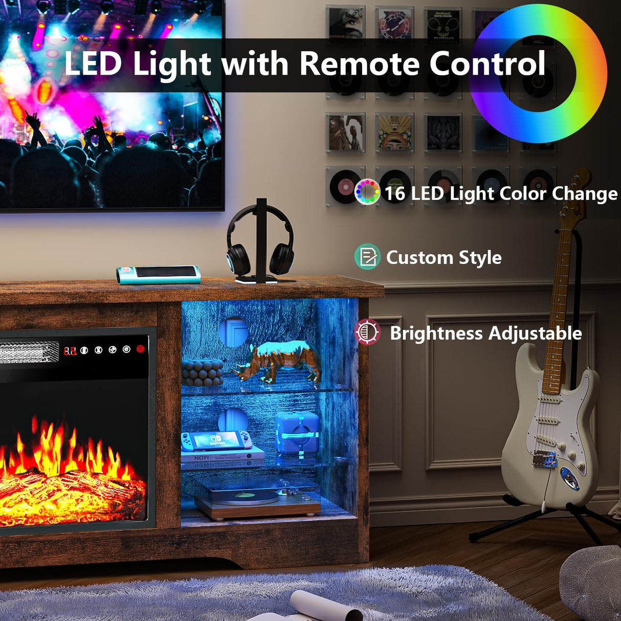 TAVATA Fireplace TV Stand with 18''Fireplace, Modern Entertainment Center for TVs up to 65 inch, Media TV Console with Adjustable Glass Shelves and Storage Cabinets(Brown) TAVATA