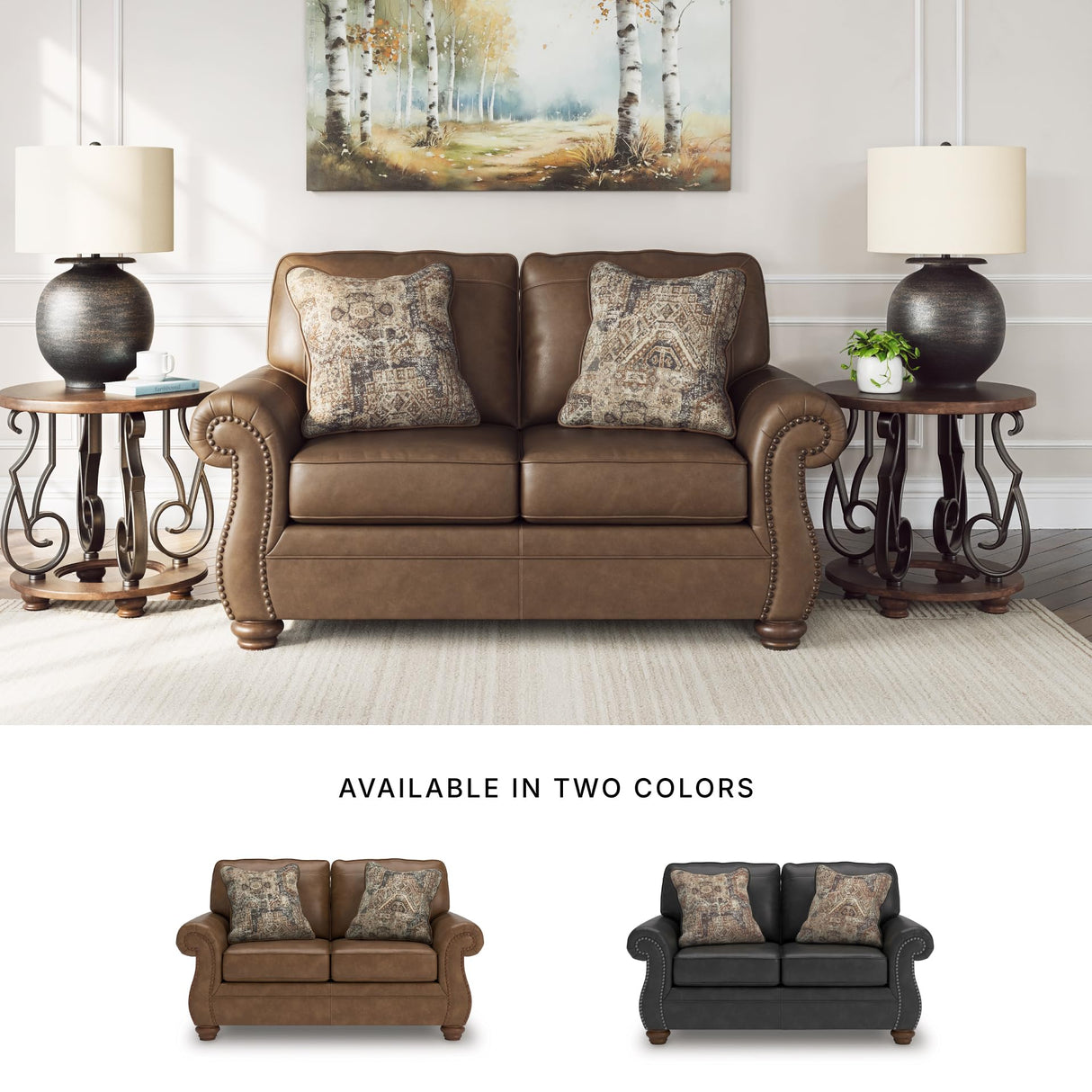 Signature Design by Ashley Shadsburne Rustic Faux Leather Loveseat with Nailhead Trim and 2 Throw Pillows, Brown Signature Design by Ashley