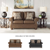 Signature Design by Ashley Shadsburne Rustic Faux Leather Loveseat with Nailhead Trim and 2 Throw Pillows, Brown Signature Design by Ashley