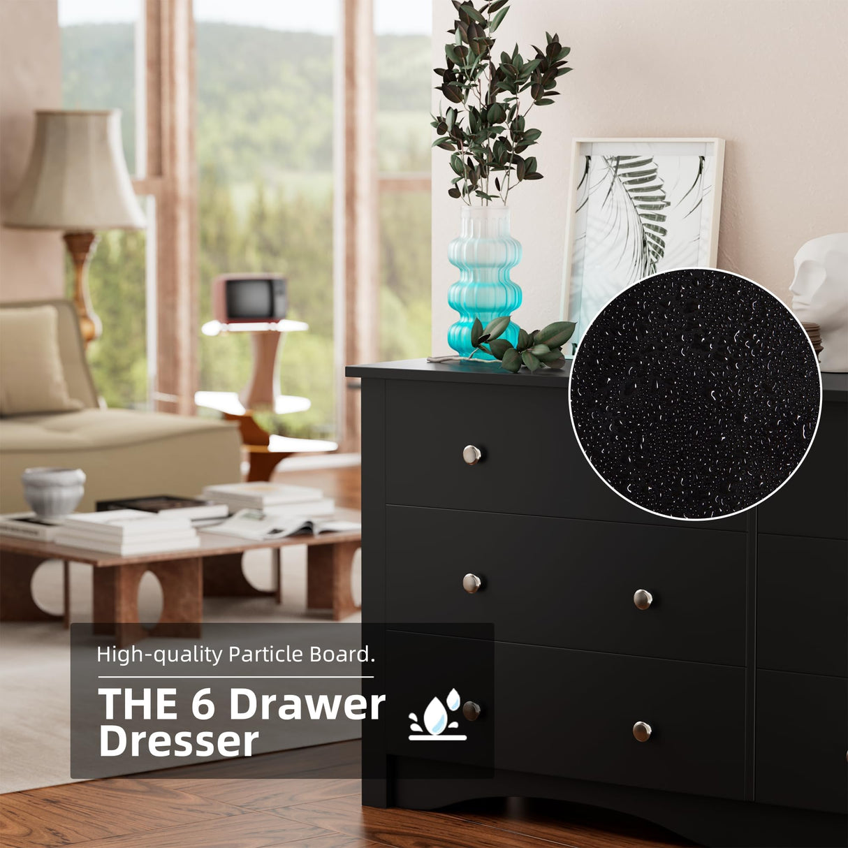 Flamaker 6 Drawer Dresser Chests for Bedroom, Storage Dressers Organizer with Anti-Tilt Devices, Modern Wide Wood Chest of Drawers for Living Room Hallway Entryway (Black) Flamaker