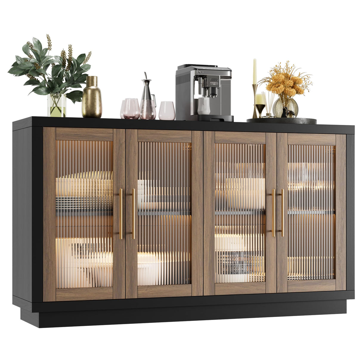 FOTOSOK Buffet Cabinet with Storage, 55.1" Large Sideboard Buffet Cabinet, Modern Sideboard Kitchen Cabinet with 4 Fluted Glass Doors, Wood Coffee Bar Cabinet Buffet Table for Kitchen, Black/Brown FOTOSOK