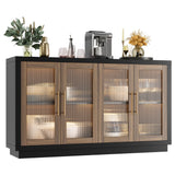 FOTOSOK Buffet Cabinet with Storage, 55.1" Large Sideboard Buffet Cabinet, Modern Sideboard Kitchen Cabinet with 4 Fluted Glass Doors, Wood Coffee Bar Cabinet Buffet Table for Kitchen, Black/Brown FOTOSOK
