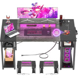 armocity Computer Desk with LED Lights, 55 Inch Desk with Power Outlet and USB, Reversible Large Desk with Moveable Monitor Stand, 55.2'' Gaming PC Table for Home Office, Workstation, Grey and Black armocity