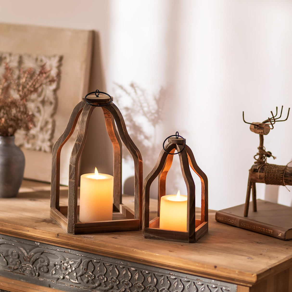 Romadedi Farmhouse Decorative Lantern Wooden - Set of 2 Rustic Wood Lanterns Candle Holder for Wedding Table Centerpieces Indoor Outdoor Fireplace Mantle Home Decor, Brown Romadedi