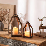 Romadedi Farmhouse Decorative Lantern Wooden - Set of 2 Rustic Wood Lanterns Candle Holder for Wedding Table Centerpieces Indoor Outdoor Fireplace Mantle Home Decor, Brown Romadedi
