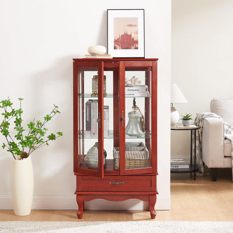 TRJQBCC 49" H Lighted Curio Display Cabinet with 2 Glass Doors & 1 Drawer, Wooden Curio Showcase w/Adjustable Shelves & Mirrored Back Panel, Wine Storage Cabinet Display Case for Living Room (Cherry) TRJQBCC