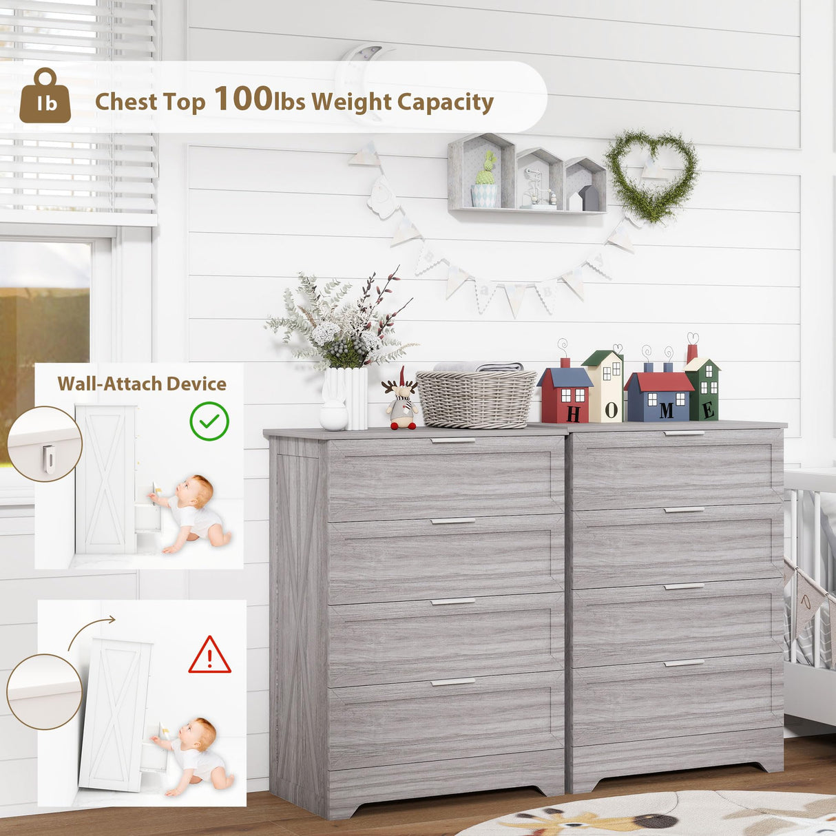 FTZxHKLX Farmhouse 4 Drawer Dresser for Bedroom, Tall Bedroom Dresser with Large Drawer & Silver Handles, Wooden Storage Organizer Cabinet Chest of Drawer for Closet, Living Room, Hallway, Wash Grey FTZxHKLX