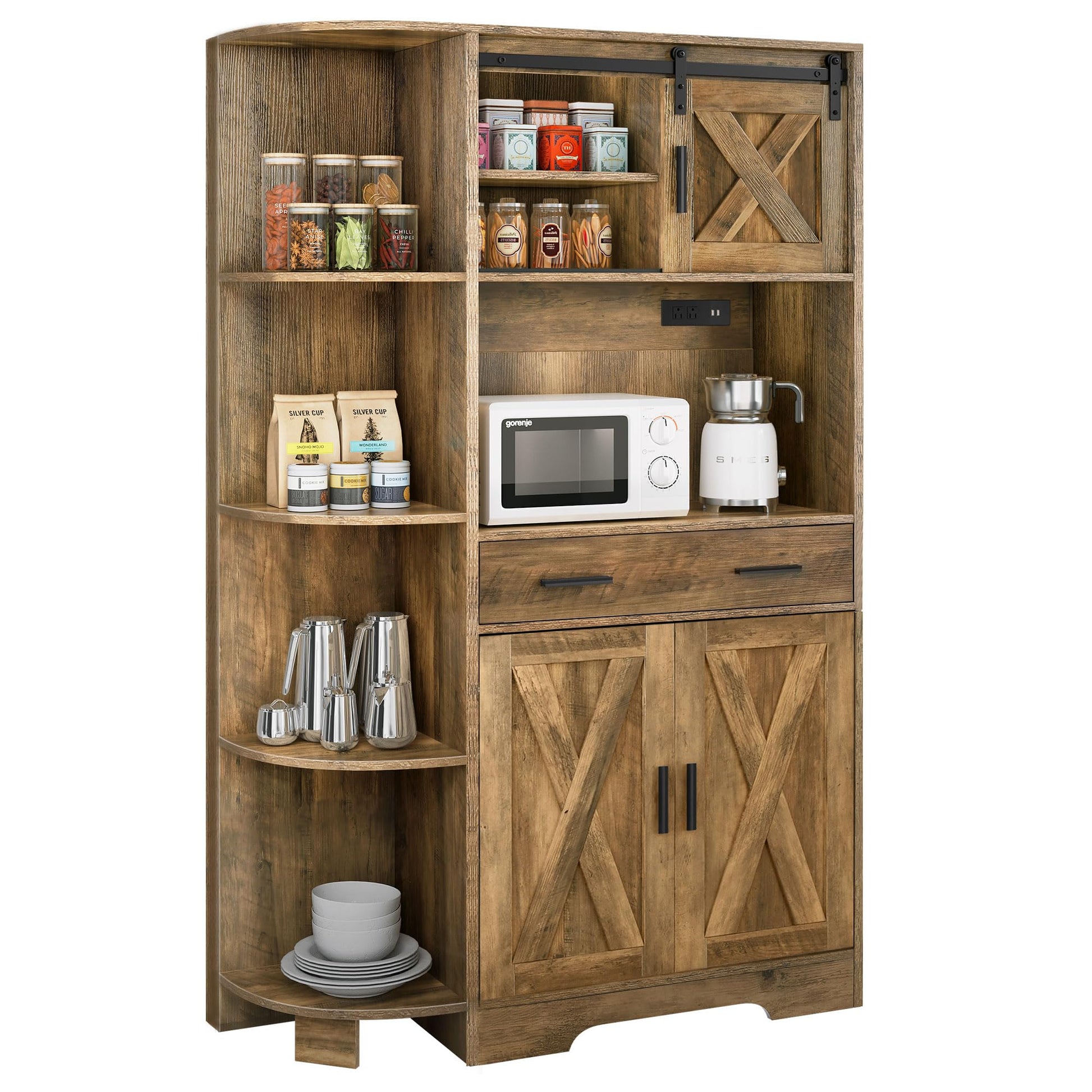 YITAHOME 67" Farmhouse Kitchen Pantry Storage Cabinet w/Sliding Barn Door ＆ Power Outlet, Freestanding Hutch with Shelves & Drawers, Microwave Stand, Large Kitchen Cupboard for Dining Room, O - WoodArtSupply