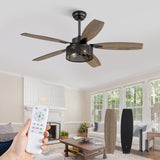 52 Inch Farmhouse Ceiling Fan with Light and Remote, Black Industrial Caged Ceiling Fans Flush Mount, 5 Dual Finish Blades, 6-Speed Reversible Quiet DC Motor, Rustic Design for Bedroom, Living Room Fanbulous