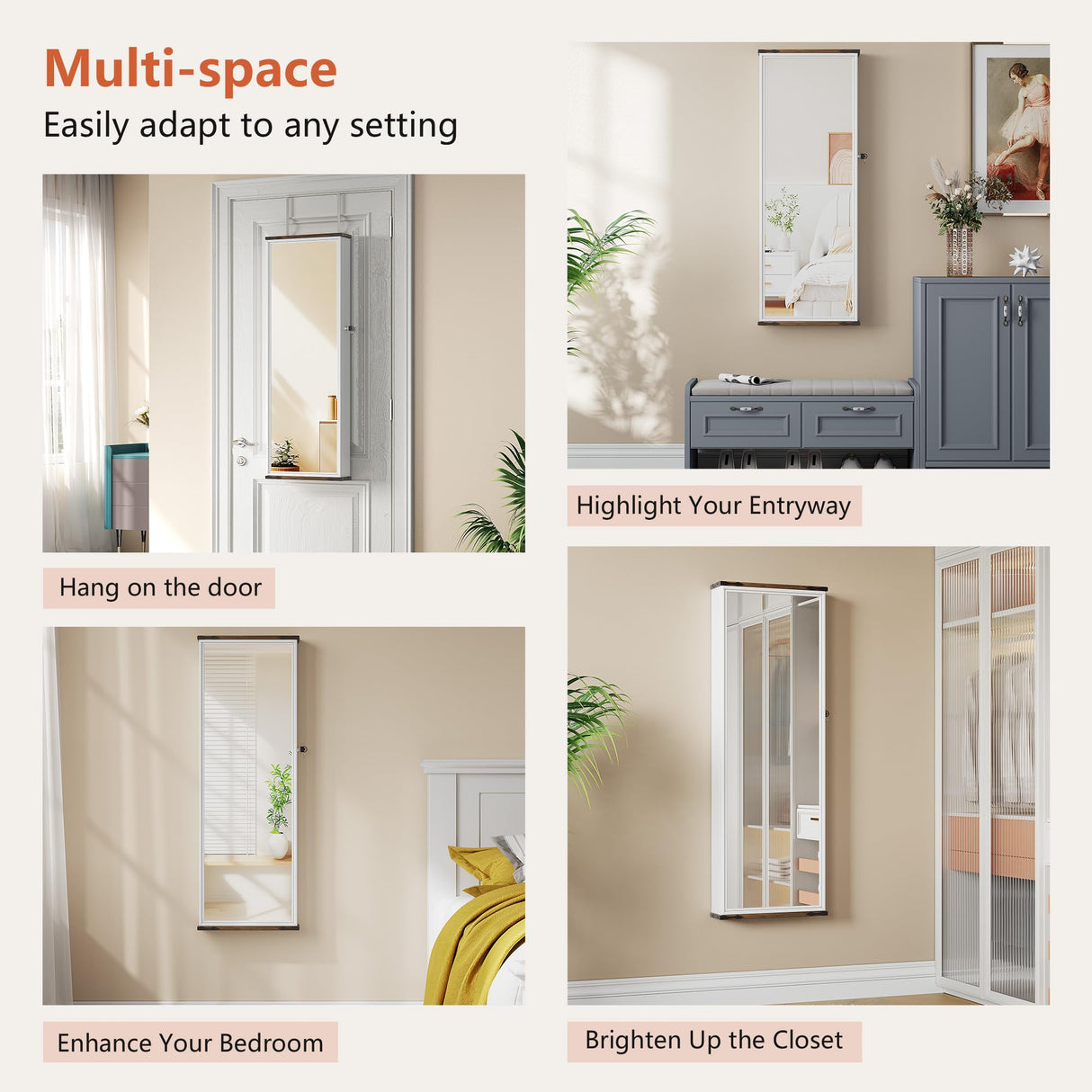 FREDEES Farmhouse Jewelry Organizer,Jewelry Armoire Cabinet with LED Lights Wall or Door Mounted, Full Length Mirror with Storage&Lockable,Interior Mirror,White FREDEES