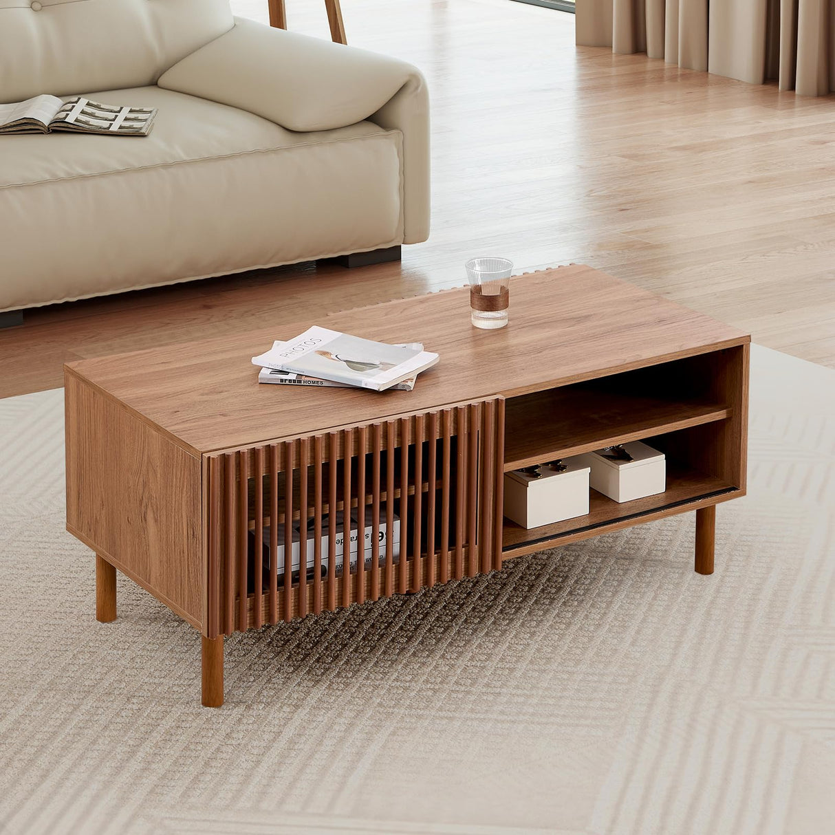 Bonzy Home 44’’ Mid Century Modern Coffee Table with Storage, Wood Center Table with Sliding Door and Open Shelves for Living Room (Walnut) Bonzy Home