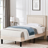 VECELO Twin Size Platform Bed Frame with Adjustable Upholstered Headboard, Nailhead Decor, Strong Wood Slat Support, No Box Spring Needed, Easy Assembly VECELO
