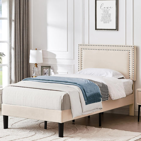 VECELO Twin Size Platform Bed Frame with Adjustable Upholstered Headboard, Nailhead Decor, Strong Wood Slat Support, No Box Spring Needed, Easy Assembly VECELO