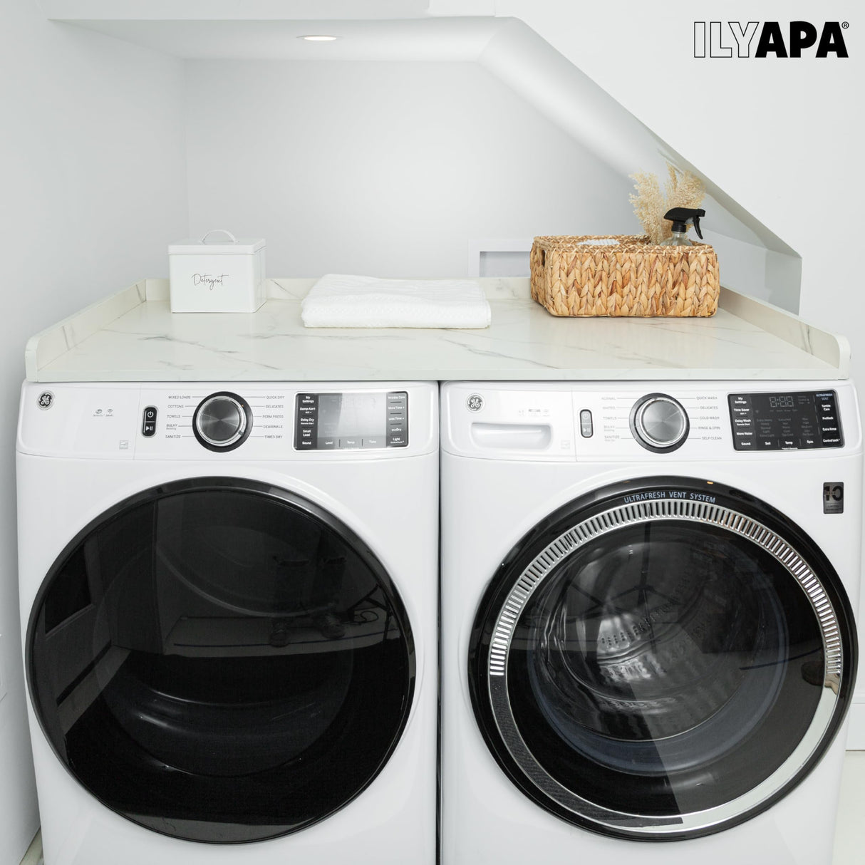 Ilyapa Washer Dryer Countertop - 27.5 x 54 inch Laundry Countertop, Washer and Dryer Covers for The Top, Laundry Room Organization and Storage, Carrera Marble High Pressure Laminate with Backsplash Ilyapa