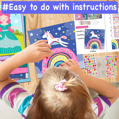 EZCRA Easy Arts and Crafts for Kids - Fun Gem Sticker Kit - 8 Unicorn Princess Themes, 990+ Stickers - Gem Art for Kids - Diamond Art Kits - Gifts for Girls Ages 3-8 EZCRA