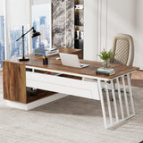 Tribesigns 71-Inch Executive Desk, L-Shaped Desk with Cabinet, Large Office Desk with Drawers and Storage Shelves, Writing Table Computer Desk for Home Office, Brown and White Tribesigns
