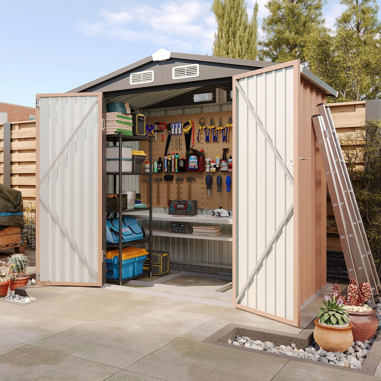 Aoxun 6'x4' Outdoor Metal Storage Shed with Lockable Door- Ideal for Tools, Garden Equipment & Bikes, Perfect for Patio Placement(Base Included/Brown) Aoxun