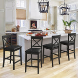 Cozyman 26" Wood Bar Stools Set of 2, Counter Height Bar Stools with Classical X-Shaped Back, Solid Barstools with Rubber Wood Frames and Faux Leather Seat, Black Cozyman