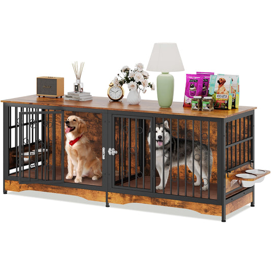 75'' Dog Crate Furniture Large Storage TV Stand with Dual Cushion / 4 Bowls/Double Rooms, Wooden Dog Kennel Dog Crate End Table with Removable Divider for Large Medium Dogs, Rustic Brown