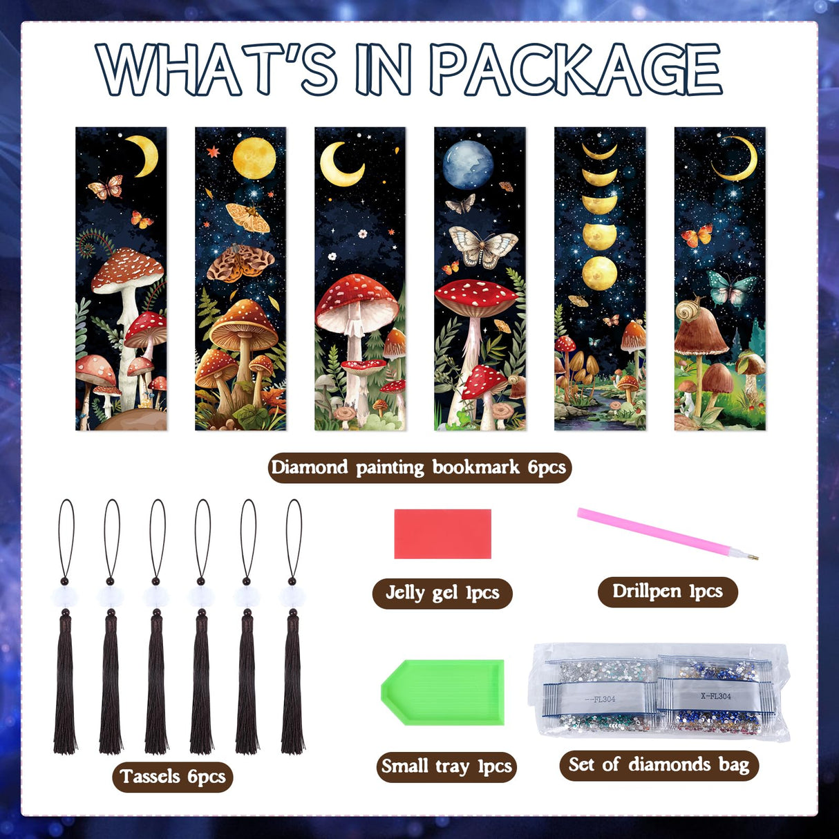 Sitsink Mushroom Diamond Art Kits - 6 Pcs Crescent Moon Mushroom Diamond Art Bookmarks with Tassels, Acrylic Bookmark Diamond Painting Kits for Adult, Boho Diamond Book Markers Sitsink