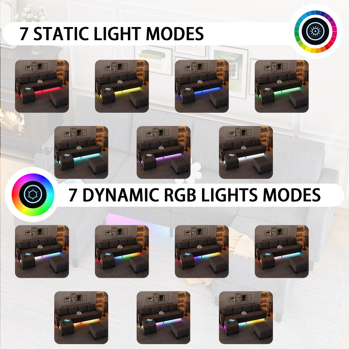 HYZQ Sectional Couches for Living Room, 4 Seat Linen Sectional Sofa with Reversible Chaise Lounge/Storage Ottoman, U Shaped Couch with Smart Module-Wireless Charging/USB/Type-C/RGB Light (Dark Grey) HYZQ