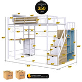 Kikihouse Full Size Loft Bed with Desk and Stairs, Headboard, Wardrobe, Bedside Storage Shelf, 6 Drawers, Charging Station & LED Light, Metal Gaming Loft Bed Frame for Adult Space-Saving Kikihouse