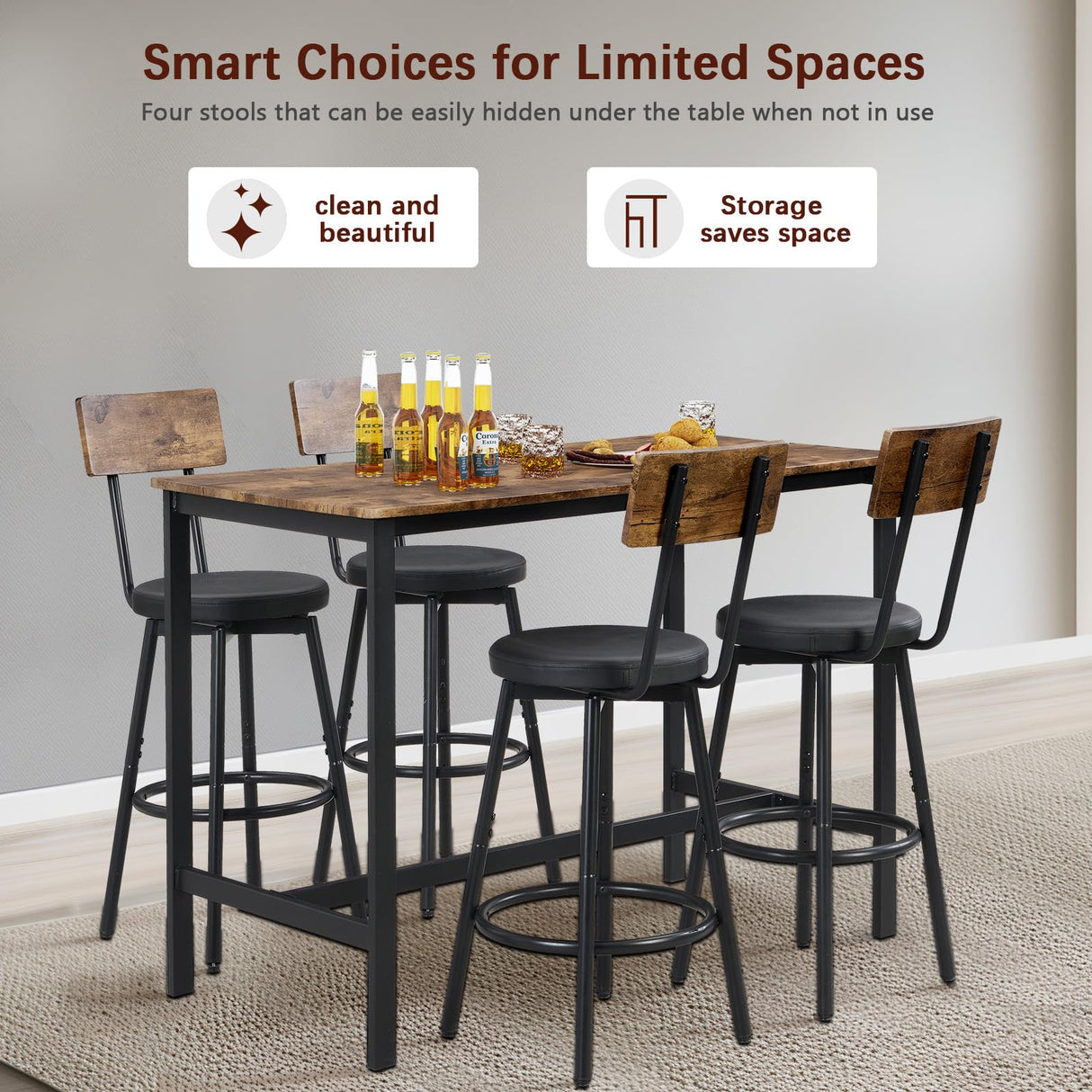Tatub 5-Piece High Dining Table and Chairs Set for 4 - Brown Industrial Design Tatub
