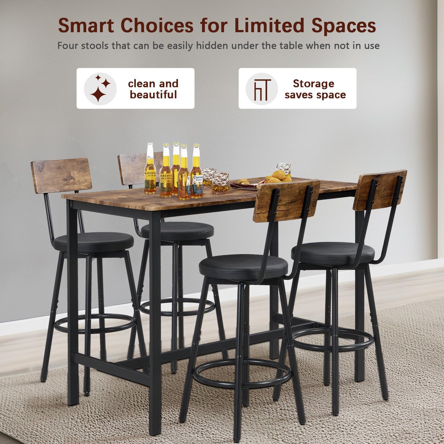 Tatub 5-Piece High Dining Table and Chairs Set for 4 - Brown Industrial Design