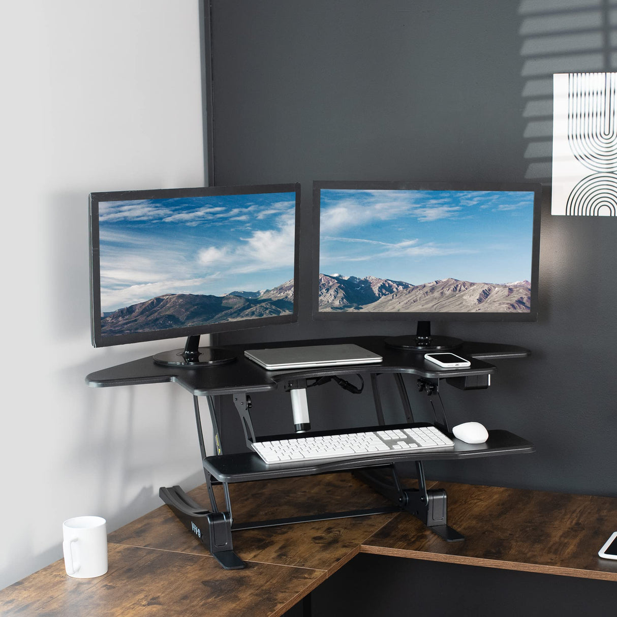 VIVO 43 inch Corner Electric Height Adjustable Cubicle Stand Up Desk Converter, VE Series, Sit to Stand Tabletop Dual Monitor Riser with USB Port, Black, DESK-V000VCE VIVO