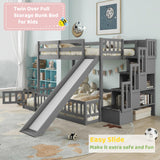 Duxelifin Twin Over Full Bunk Beds with Slide and Stairs, Low Bunk Bed Frame with Rails, Convertible Wood Bunk Bed with Storage Staircase for Kids Boys Girls, Gray Duxelifin
