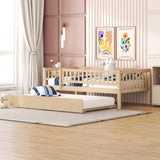Harper & Bright Designs Twin Daybed with Trundle, Wood Twin Trundle Bed Frame with Fence Rails,Montessori Twin Bed for Kids Girls Boys Bedroom,Guest Room,Living Room,No Box Spring Needed,Natural Harper & Bright Designs