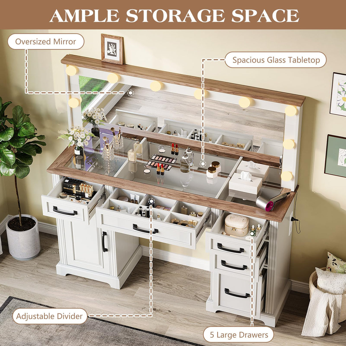 LUXOAK 55'' Farmhouse Vanity Desk with Mirror and Lights, Large Makeup Table with Charging Station, Glass Tabletop & 5 Drawers, Rustic Dressing Table for Bedroom, Antique White LUXOAK