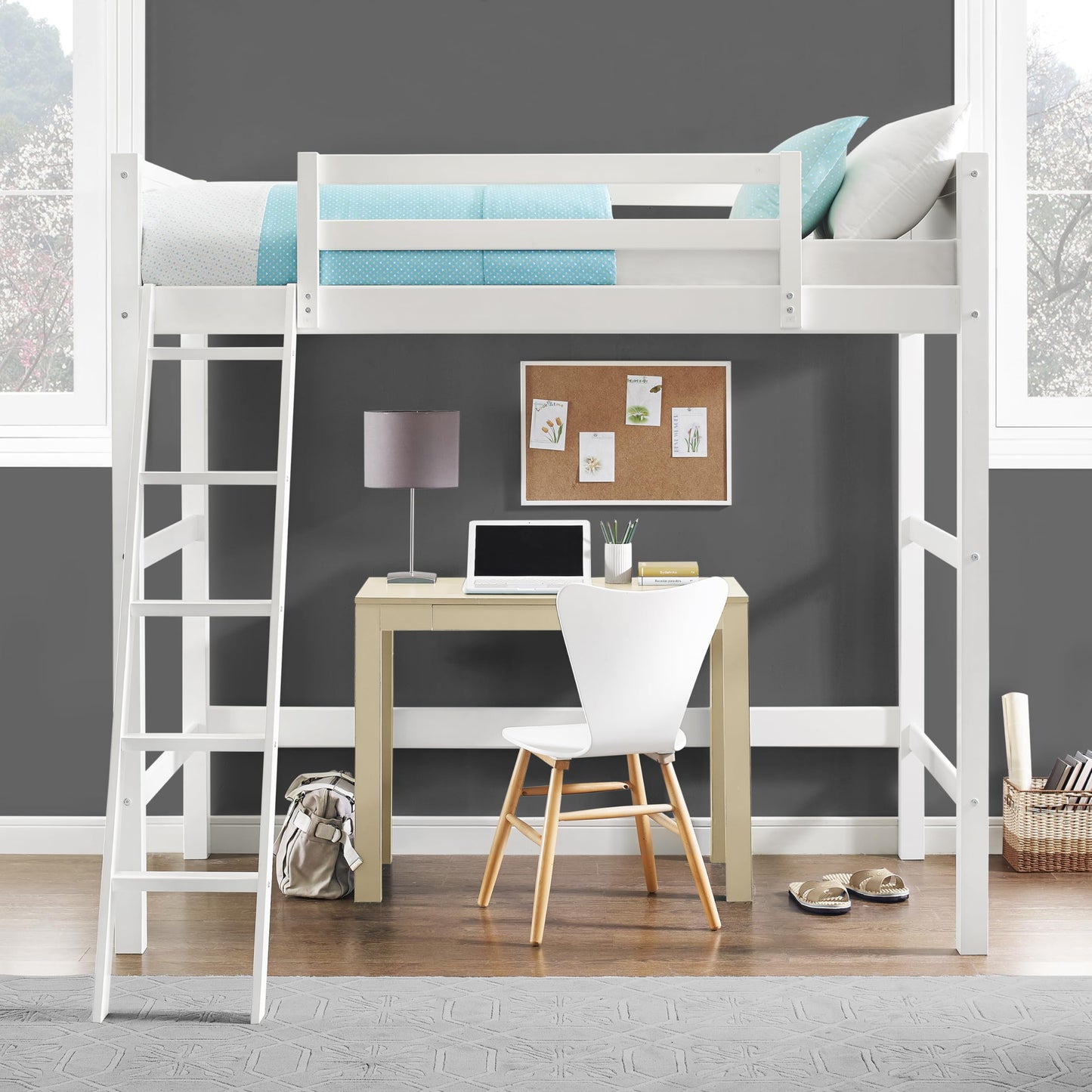 DHP Moon Bay Twin Loft Bed with Ladder - Stylish White Wooden Design for Kids