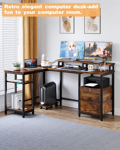 L Shaped Office Desk, 67" Home Office Desk with File Drawer & Power Outlet, Gaming Desk with Mobile CPU Stand, Corner Computer Desk with Monitor Shelf, Printer Storage Shelves, Two Person Desk, Brown