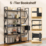 Gizoon 5 Tier Industrial Bookshelf, 65" H Reversible Corner Bookshelf, Bookcase, Freestanding Display Shelf, with 4 Hooks, a Storage Basket, Metal Frame, for Living Room, Kitchen, Office, Black Gizoon