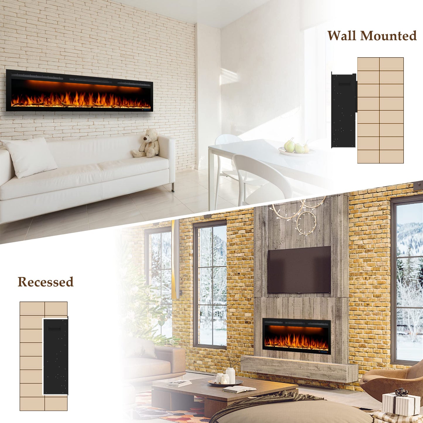 Dreamflame 72 Electric Fireplace Inserts, Recessed & Wall Mounted Fireplace Electric with Ultra-Narrow Frame, Colorful Flame Effect Display on Widescreen, Heat Up Fast, Thermostat, 750W/1500W, Black