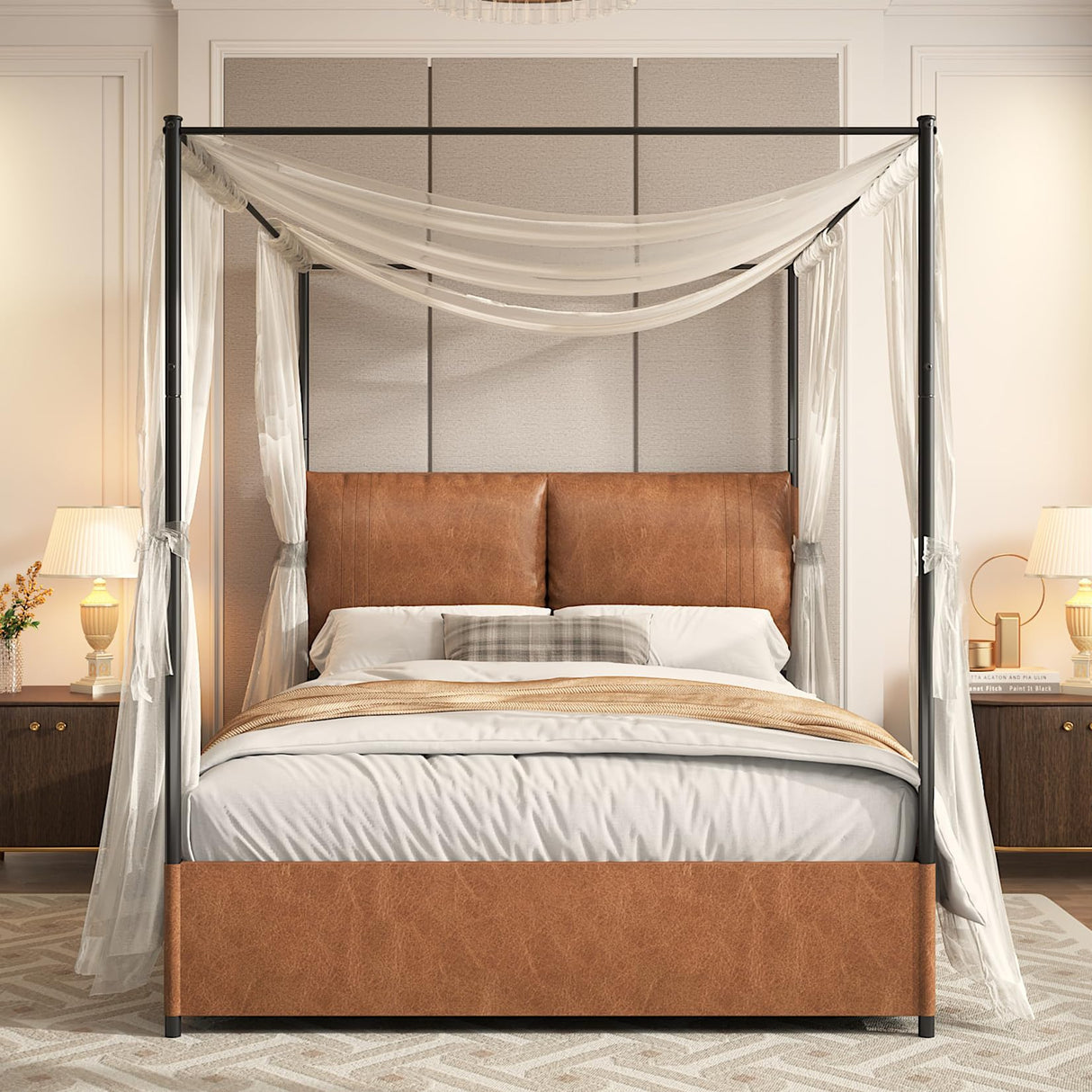 Canopy Bed Frame Queen Size with Upholstered Headboard, Tall Four Poster Metal Platform Bed, Easy to Assemble, No Box Spring Needed, Brown QNICE