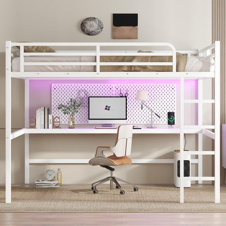 Harper & Bright Designs Queen Loft Bed with Desk, Metal Loft Bed with LED Lighted and Power Outlet, Queen Size Loft Beds with Desk for Teens, Adults, Kids, Noise Reduced Structure,White Harper & Bright Designs