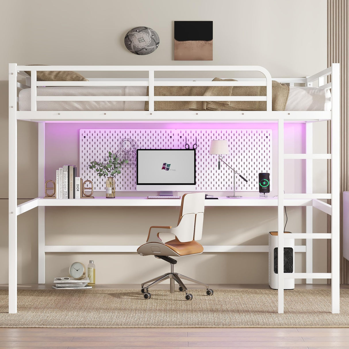Queen Loft Bed with Desk and Charging Station(USB Port & Outlets), Queen Size Loft Bed with RGB LED Light, Heavy Duty Metal Loft Beds for Adults, Teens, Noise Free Design, Space Saving(White) Bellemave