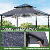 GARTOO 8'x5' Outdoor Grill Gazebo - Double Roof BBQ Gazebo Canopy with 2 Side Shelves and LED Lights, Patio BBQ Pergola Shelter for Garden, Porch and Backyard (Grey) GARTOO