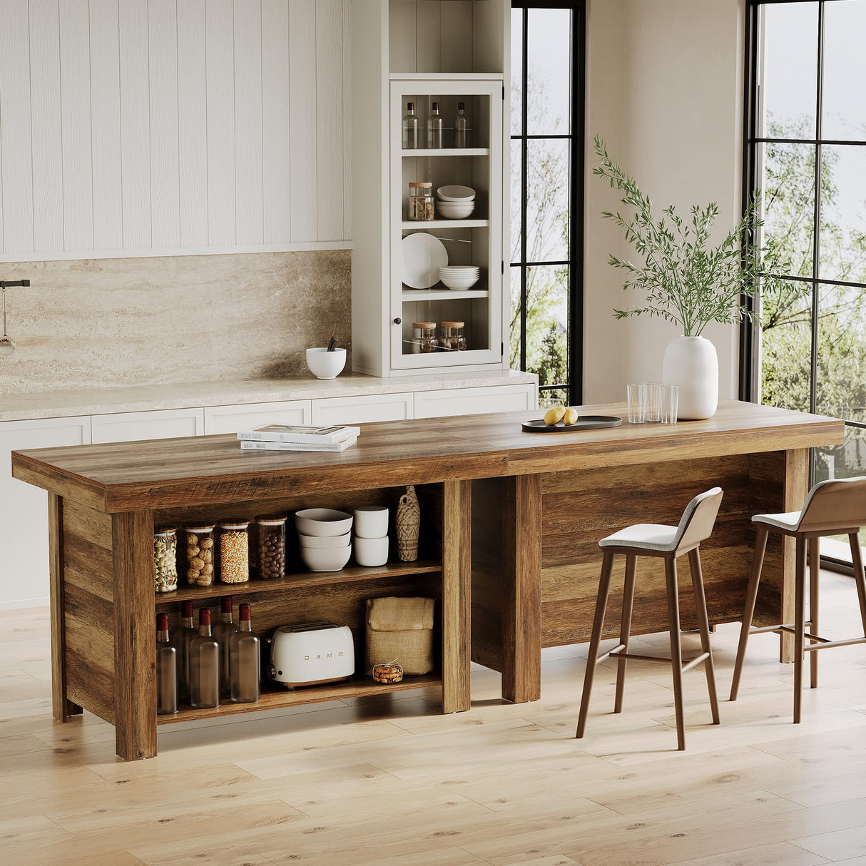 LITTLE TREE 55 Inches Kitchen Island with Storage, 3-Tier Farmhouse Wooden Stationary Island Table with Large Worktop & Leg Room, Modern Coffee Bar Table with Storage Shelf for Kitchen, Rustic Brown LITTLE TREE