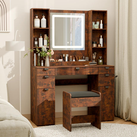 LUODIER Vintage Brown Vanity, Makeup Vanity with Mirror and Lights, Vanity Desk with Stool, Wood Vanity with Storage, Mirror and Drawers. Large Size LUODIER