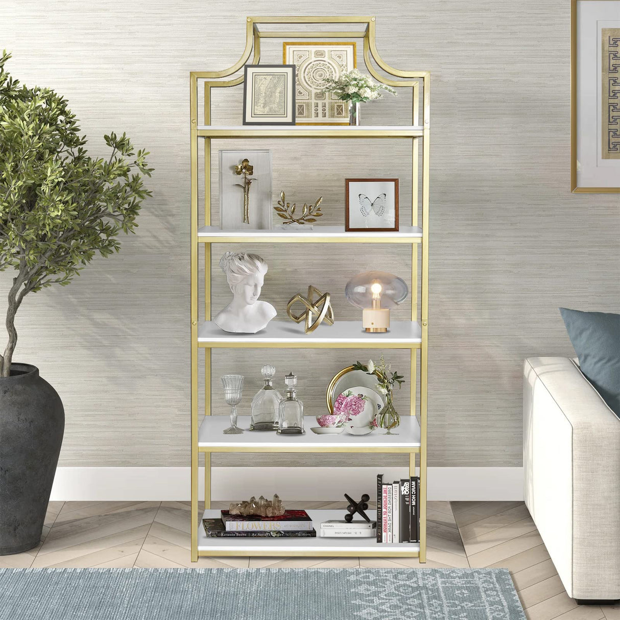 TooCust 5-Tier Gold Bookcase, 29.5" Lx70.6 H, Bookshelf for Bedroom,Gold Book Display Shelf, Arched Bookcase, Organizer Rack for Living Room, Gold Freestanding Display Shelf,White and Gold Bookshelf TooCust