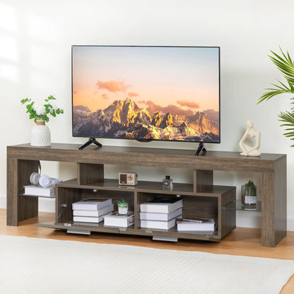 Clikuutory Modern LED TV Stand with Large Storage Drawer for 40 50 55 60 65 70 75 Inch TVs, Brown Wood Farmhouse TV Console with Glossy Entertainment Center for Living Room, Bedroom