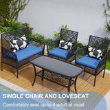 HLNPTN 4 Pieces Outdoor Patio Furniture Set, PE Rattan Chairs Wicker Furniture with Coffee Glass Table and Soft Cushions, Outdoor Seating Conversation Set for Lawn, Porch, Garden (Blue) HLNPTN